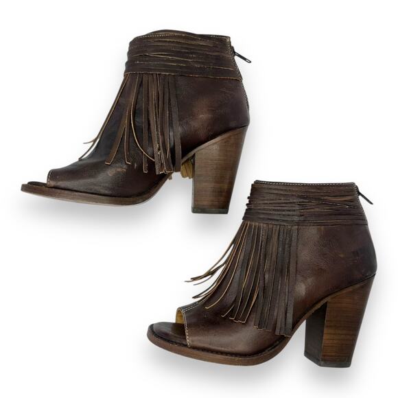 Bed Stu Onset Olivia Women’s Size 7.5 Peep Toe Fringe Booties Brown Leather Heel - Picture 3 of 11